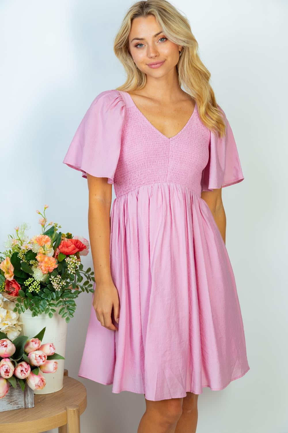 V Neck Back Tie Smocking Dress