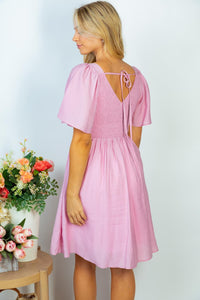 V Neck Back Tie Smocking Dress