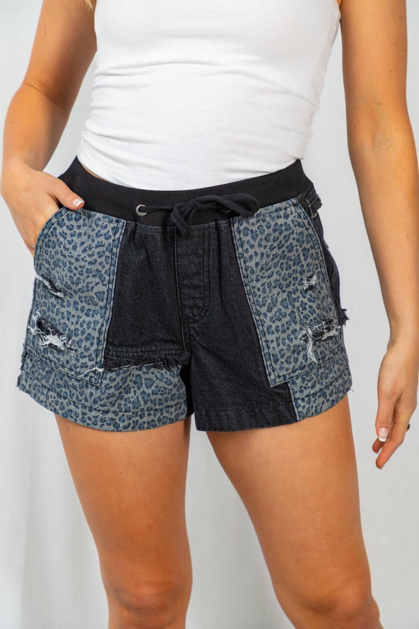 Animal Print Mixed Distressed Shorts