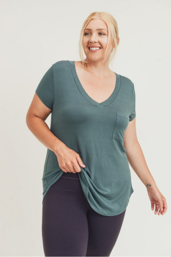 CURVY Longline Deep V-Neck Pocket Shirt