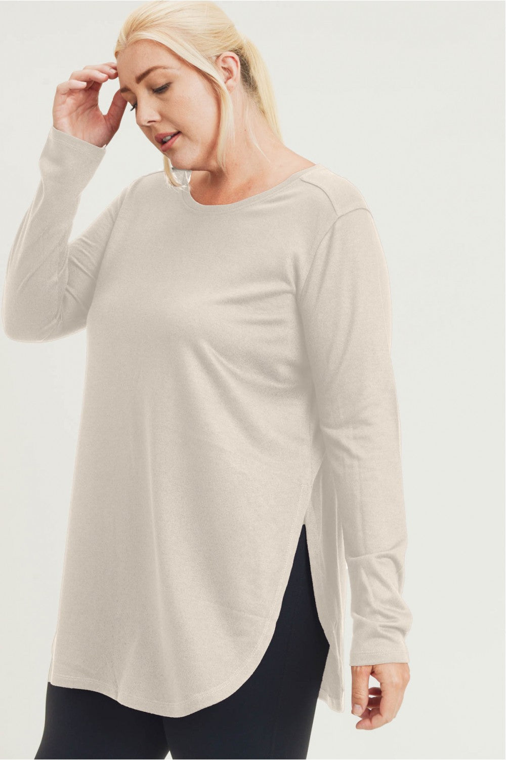 Natural Long Sleeve Flow Top with Side Slits
