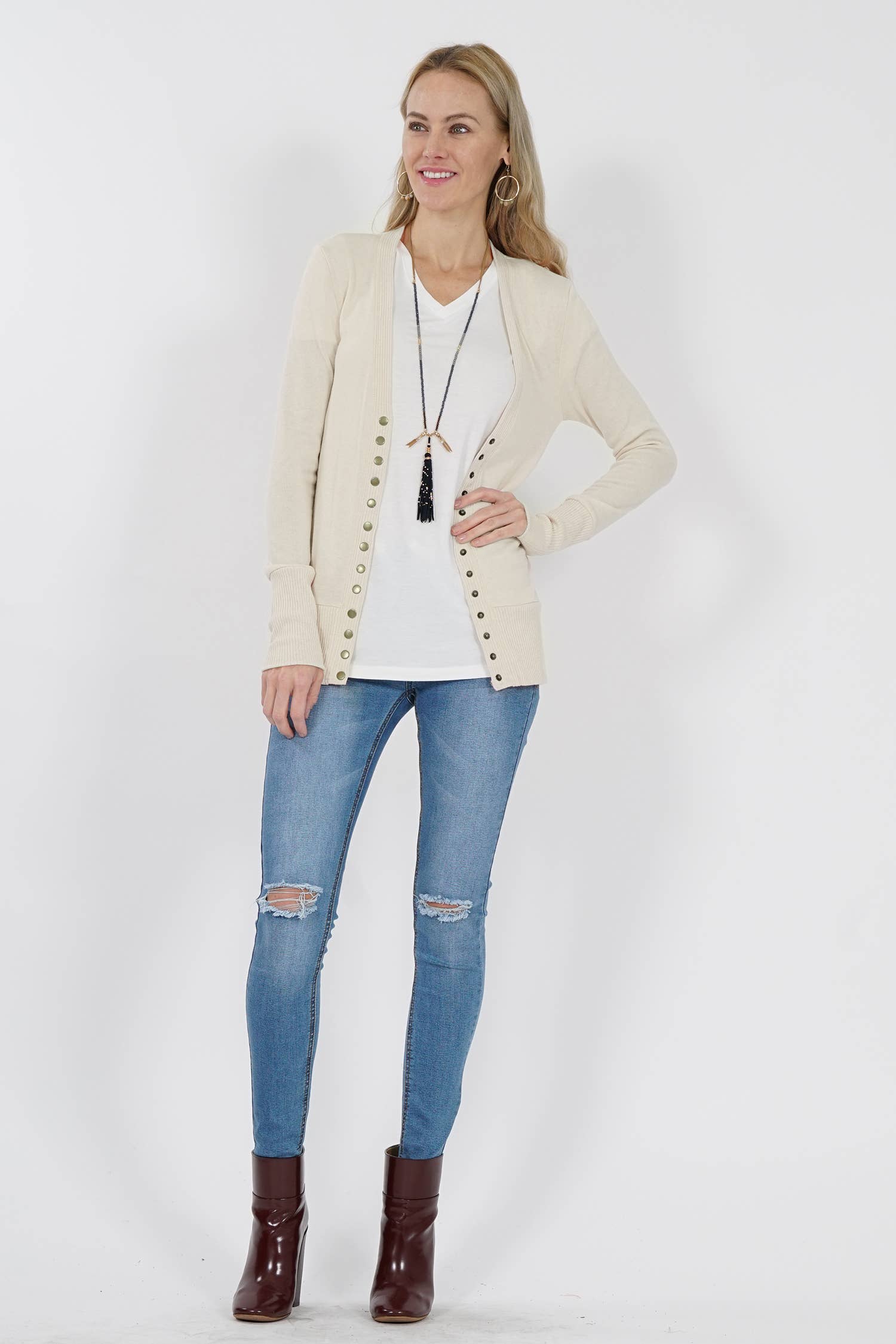 Snap Button Cardigan With Ribbed Detail